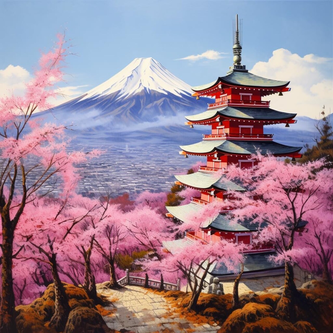 Landscape Japan Chureito Pagoda and Mt. Fuji in The Spring with Cherry Blossoms Scenery 5D Adult Diamond Art,DIY Diamond Art Painting Kit for Decor Canvas 11.7x15.7inch/30x40cm
